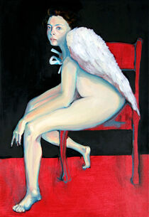 Woman with angel wings on red chair by Byron Tik