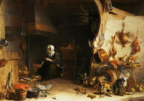 A Kitchen Interior with a Servant Girl Surrounded by Utensils by Cornelis van Lelienbergh