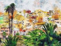 Aerial view of cityscape of Las Palmas de Gran Canaria. Watercolor illustration. by havelmomente