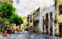 Cityscape of Las Palmas de Gran Canaria. People walking in the town. Watercolor illustration. by havelmomente