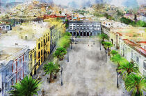 Aerial view of cityscape of Las Palmas de Gran Canaria. Watercolor illustration. Plaza de Santa Ana von havelmomente