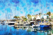Watercolor painting of Cityscape of Puerto de Morgan at Gran Canaria Island. Spain. Boats in harbor. by havelmomente