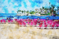Watercolor painting of city beach of Puerto de Morgan at Gran Canaria Island. Spain. by havelmomente