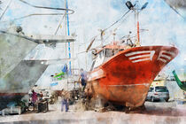Watercolor painting of Shipyard at Puerto de Morgan on Gran Canaria Island. von havelmomente