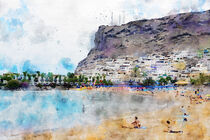 Watercolor painting of city beach of Puerto de Morgan at Gran Canaria Island. Spain. von havelmomente