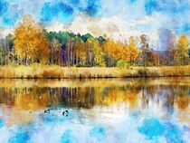 Aquarell Herbst. Herbstliche Landschaft an einem See. Buntes Laub. von havelmomente