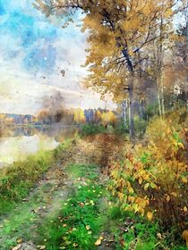Aquarell Herbst. Herbstliche Landschaft an einem See. Buntes Laub. von havelmomente