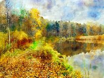 Aquarell Herbst. Herbstliche Landschaft an einem See. Buntes Laub. by havelmomente
