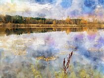 Aquarell Herbst. Herbstliche Landschaft an einem See. Buntes Laub. by havelmomente