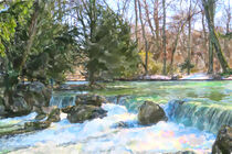 Painting of Eisbach river at English garden in Munich Germany. von havelmomente
