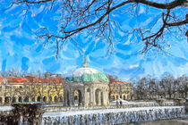 Watercolor illustration of Munich Hofgarten park in Wintertime by havelmomente