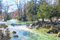 Painting of Eisbach river at English garden in Munich Germany. von havelmomente