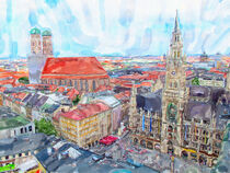 Watercolor illustration of Marienplatz in Munich cityscape. Aerial View von havelmomente