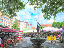 Watercolor illustration of Munich Viktualienmarkt. People on market by havelmomente