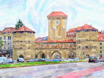 Watercolor illustration of Isar Tor town gate in Munich Germany by havelmomente