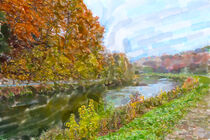 Watercolor illustration of Isar river nature in autumn time. Germany. by havelmomente