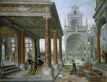 Cappricio of palace architecture with Figures Promenading by Hans or Jan Vredeman de Vries