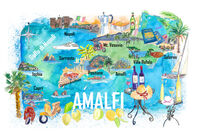 Amalfi Italien Illustrierte Mittelmeer-Reisekarte mit Highlights des Golfs von Neapel by M.  Bleichner