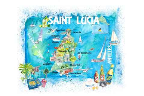 St-lucia-illustrated-travel-map-with-roadss