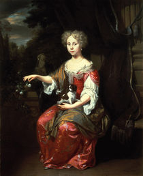 Portrait of a Lady holding her pet King Charles Spaniel  by Jan Verkolje