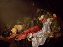 Still life of fruit and a lobster on a cloth-draped table  by Jasper Geerards