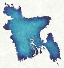 Bangladesh map with drawn lines and blue watercolor illustration by Ingo Menhard