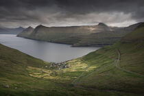 Panoramic mountain landscape of Faroe Islands with village Funningur at the coast of island Eysturoy von Bastian Linder