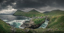 Panorama of gorge with the village of Gjogv on Eysturoy with green grass in front and mountains in back, Faroe Islands by Bastian Linder