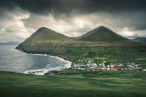 Coastal landscape with bay at the village of Gjogv on island Eysturoy with mountains and ocean, Faroe Islands by Bastian Linder