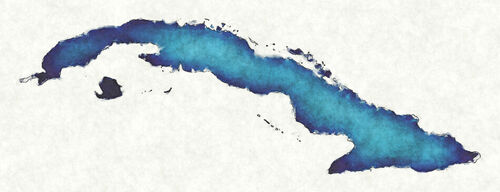 Cuba-map-with-drawn-lines-and-blue-watercolor-illustration