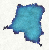 Congo Democratic Republic map with drawn lines and blue watercolor illustration von Ingo Menhard