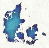 Denmark map with drawn lines and blue watercolor illustration by Ingo Menhard