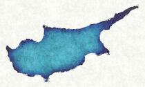 Cyprus map with drawn lines and blue watercolor illustration by Ingo Menhard