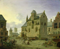 Town square with figures and peasants trading in a market place  by Johannes Huibert Prins