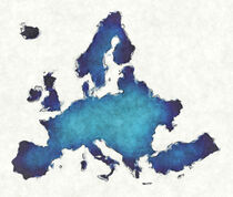Europe map with drawn lines and blue watercolor illustration by Ingo Menhard