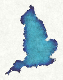 England map with drawn lines and blue watercolor illustration by Ingo Menhard