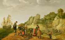 Fisherman unloading and selling their catch on a rocky shoreline  von Adam Willaerts