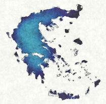 Greece map with drawn lines and blue watercolor illustration von Ingo Menhard