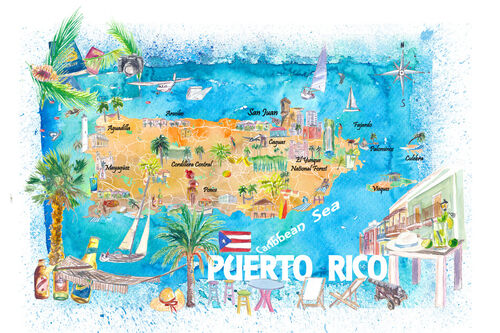 Puerto-rico-islands-illustrated-travel-map-with-roads-and-highlightss