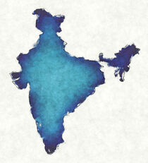India map with drawn lines and blue watercolor illustration by Ingo Menhard