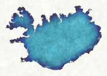 Iceland map with drawn lines and blue watercolor illustration by Ingo Menhard