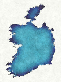 Ireland map with drawn lines and blue watercolor illustration