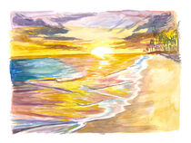 Romantische Insel Sonnenuntergang mit Wellen Palmen Strand von M.  Bleichner