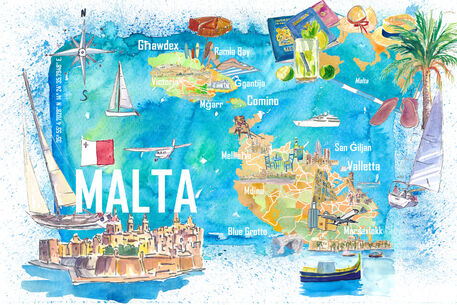 Malta-illustrated-travel-map-with-roads-and-highlightsm