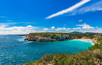 Idyllic panoramic view the coastline bay and beach of Cala Romantica on Mallorca island, Spain by Alex Winter