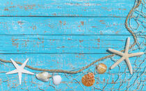 Fishing net, starfish, seashells decoration on light blue wood background von Alex Winter