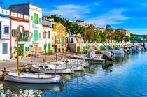 View of Porto Colom harbour with colorful houses on Majorca, Spain, Balearic Islands by Alex Winter