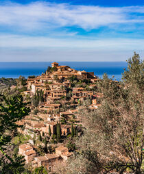 Spain Majorca, view of the historic village of Deia with beautiful mediterranean landscape by Alex Winter