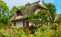 Reeddachhaus mit Bauerngarten. Insel Rügen gemalt. by havelmomente