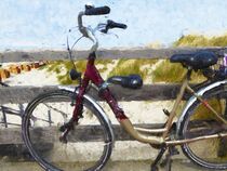 Mit dem Fahrrad zum Strand an der Ostsee. Strandkröbe und Dünen. Gemalt. von havelmomente